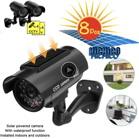 Fake camera voor buiten - HiCHiCO® Outdoor Solar Dummy camera (8 pack) - Nep camera - CCD Dummy Camera - Beveiligingscamera - Fake Outdoor Nepcamera - Nep Security Cam met rood knipperend led indicator voor binnen en buiten - Zon panel van HiCHiCO®