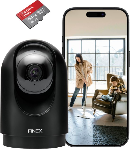 Finex™ Beveiligingscamera Binnen Inclusief SD kaart (64GB) - Zwart - Huisdiercamera met app - Binnen Camera - Camerabewaking - Wifi Camera APP - 2K - Pan & Tilt - met Nachtzicht - Auto‑Tracking & 2‑weg Audio - Zwart van Finex