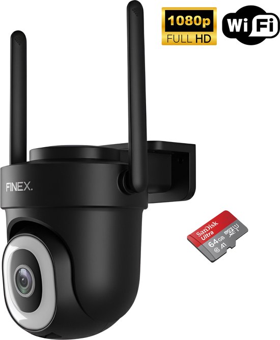 Finex Beveiligingscamera Black Edition - Inclusief SD kaart (64GB) - Buiten camera met nachtzicht - Beveiligingscamera buiten - 5MP - Met wifi en app van Finex