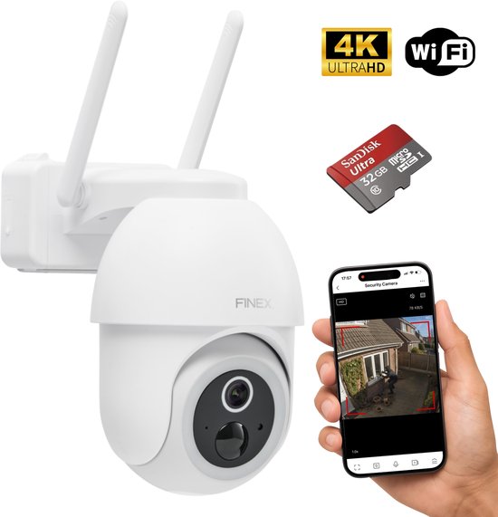FINEX® Beveiligingscamera Buiten inc SD-kaart (32GB) – 4K Ultra HD – Op Batterij – Buiten Camera Met Nachtzicht – Buitencamera – Bewakingscamera voor Buiten – Beveiligingscamera Met WiFi en App – Wit