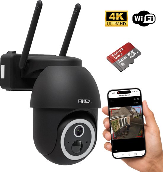 FINEX® Beveiligingscamera Buiten - Inclusief 32GB SD Kaart - Zwart – 4K Ultra HD – Op Batterij – Buiten Camera Met Nachtzicht – Buitencamera – Bewakingscamera voor Buiten – Beveiligingscamera Met WiFi en App