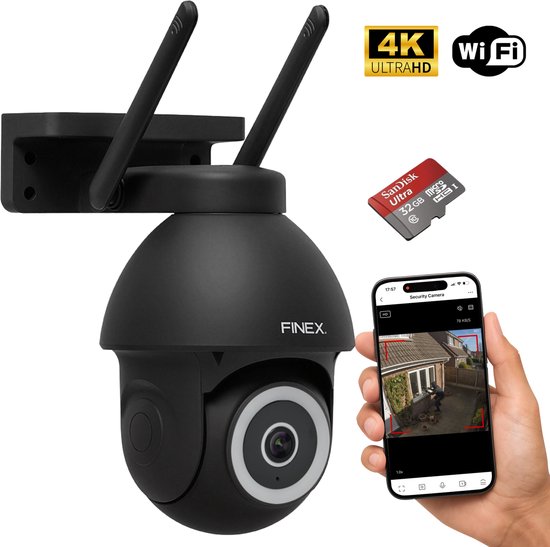 FINEX® Beveiligingscamera Buiten - Met SD kaart (32GB) - Zwart – 4K Ultra HD – Op Netstroom– Buiten Camera Met Nachtzicht – Buitencamera – Bewakingscamera voor Buiten – Beveiligingscamera Met WiFi en App