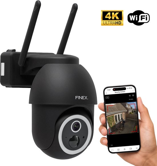 FINEX® Beveiligingscamera Buiten - Zwart – 4K Ultra HD – Op Batterij – Buiten Camera Met Nachtzicht – Buitencamera – Bewakingscamera voor Buiten – Beveiligingscamera Met WiFi en App