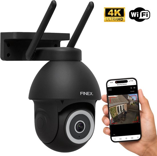 FINEX® Beveiligingscamera Buiten - Zwart – 4K Ultra HD – Op Netstroom– Buiten Camera Met Nachtzicht – Buitencamera – Bewakingscamera voor Buiten – Beveiligingscamera Met WiFi en App