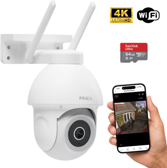 Finex™ Beveiligingscamera Pro voor Buiten Inclusief SD kaart (64GB) - 4K Ultra HD - Beveiligingscamera met kleur nachtzicht - Buiten camera met nachtzicht - Beveiligingscamera buiten - Met wifi en app - Wit van Finex
