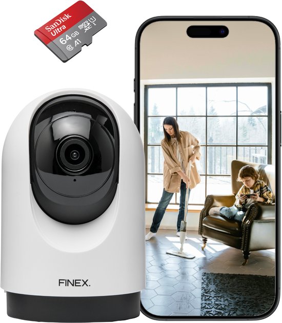 Finex™ Binnenhuiscamera - Inclusief SD kaart (64GB) - Wit - Huisdiercamera met app - Binnen Camera - Camerabewaking - Wifi Camera APP - 2K - Pan & Tilt - met Nachtzicht - Auto‑Tracking & 2‑weg Audio - Wit van Finex