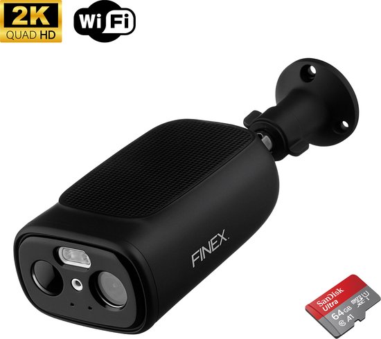 Finex Draadloze Beveiligingscamera Black Edition - Inclusief SD-kaart (64GB) - Solar Camera - Buiten camera met zonnepaneel - Bewakingscamera voor buiten - Beveiligingscamera buiten - 2K Ultra HD - Met wifi en app van Merkloos