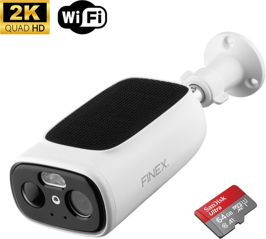 Finex Draadloze Beveiligingscamera - Inclusief SD-kaart (64GB) - Solar Camera - Buiten camera met zonnepaneel - Bewakingscamera voor buiten - Beveiligingscamera buiten - 2K Ultra HD - Met wifi en app van Finex
