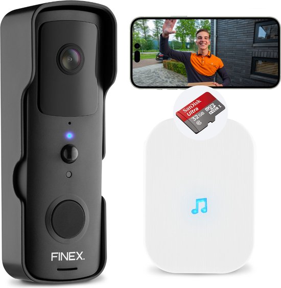 Finex™ Video Deurbel - Inclusief binnenbel, SD kaart (32GB) & batterijen - Dag en nachtmodus - T-ring geluid - Zonder abonnement - Draadloze deurbel - Deurbel met camera van Finex