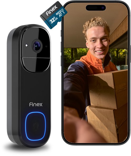 Finex Video Deurbel V3 - 4K Ultra HD - Inclusief Binnenbel & SD kaart (32GB) - AI bewegingsdetectie - Geen abonnement - Vast stroom of Batterijen - WiFi - T-ring geluid - Slimme Draadloze Video Deurbel Met Camera