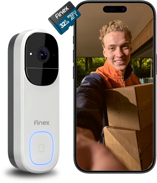 Finex Video Deurbel V3 - Wit - 4K Ultra HD - Inclusief Binnenbel & SD kaart (32GB) - AI Bewegingsdetectie - Geen abonnement - Vast stroom of Batterijen - WiFi - T-ring geluid - Slimme Draadloze Video Deurbel Met Camera