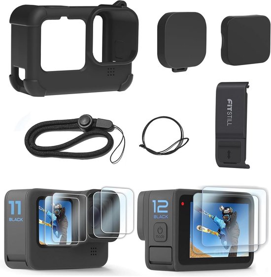FitStill Siliconenhoes voor Go Pro Hero12 /Hero11/Hero 10/Hero 9 zwart, batterijzijdige afdekking, lensdop en displaybeschermfolies en sleutelkoord voor Go Pro Hero 12/11/10/9, zwart, accessoirekit van Merkloos