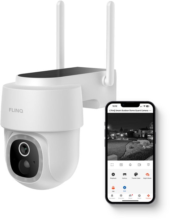 FlinQ Slimme Beveiligingscamera Dome Guard - Oplaadbaar via USB & Zonne Energie - Buiten camera met zonnepaneel - Bewakingscamera voor buiten - 2K HD - Nachtzicht - Pan & Tilt IP Camera van FlinQ