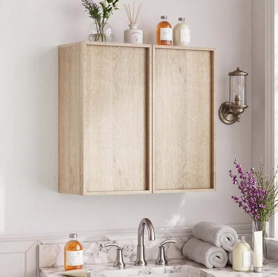FloraGrace Badkamerkast - Greeploos Wandmodel Met Dubbele Deuren - Eikenoptiek Voor Badkamer En Hal - MDF En Spaanplaat - 60x21,6x58 Cm
