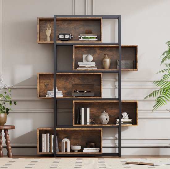 FloraGrace Bücherregal - 5 Etages Met Open Vakken - 121 X 35 X 176 Cm - MDF - Zwart Bruin - Woonkamer En Werkkamer