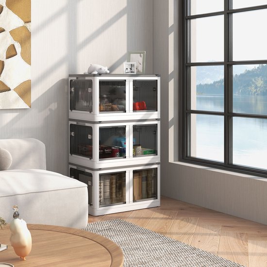 FloraGrace Opbergbox – 69L Vouwbaar En Stapelbaar – 60 x 42 x 34 cm – PP Kunststof – Wit – Met Wielen Voor Slaapkamer En Kantoor – 5-Zijdige Toegang