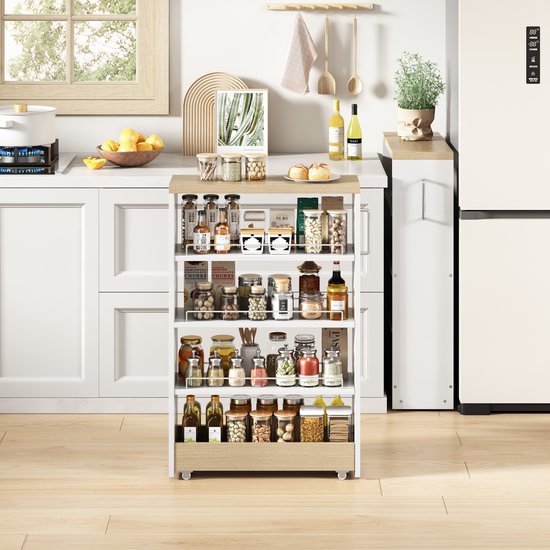 FloraGrace Opbergwagen – 20 Cm Smal – 4 Verstelbare Planken – MDF – Wit met Houtlook – Op Wielen Voor Keuken, Badkamer en Voorraadkast