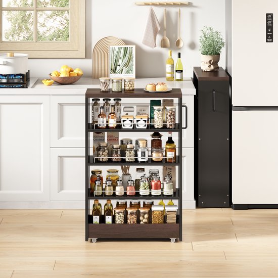 FloraGrace Opbergwagen – 55 x 12 x 85 cm – Met Rollen En 4 Verstelbare Planken – MDF – Zwart Bruin – Voor Keuken Badkamer En Berging