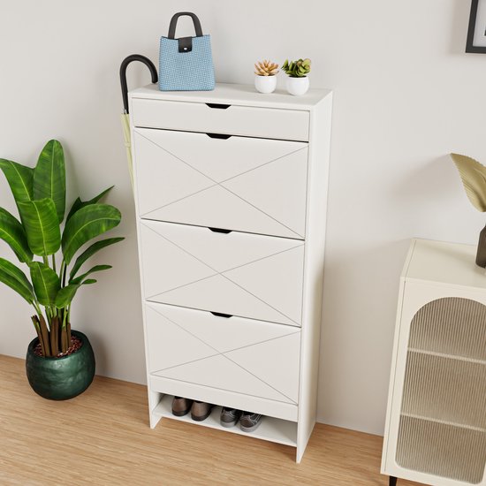 FloraGrace Schoenenkast - Drie Kiepvakken En Bovenlade - Voor Hal En Gang - MDF - Wit - 147x43x23 Cm