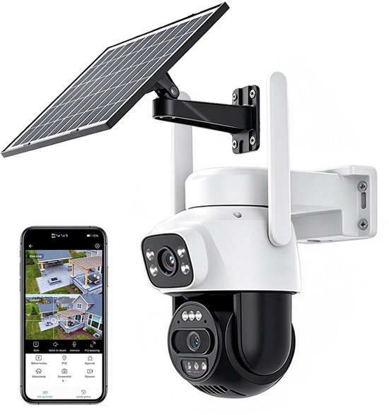 Fokelyi Buitencamera Met Zonnepaneel - Dubbele Camera 360° Outdoor Beveiligingscamera - HD Resolutie, Menselijke Detectie En Waterdicht - 10x Zoom, Kleurennachtzicht, WiFi En App