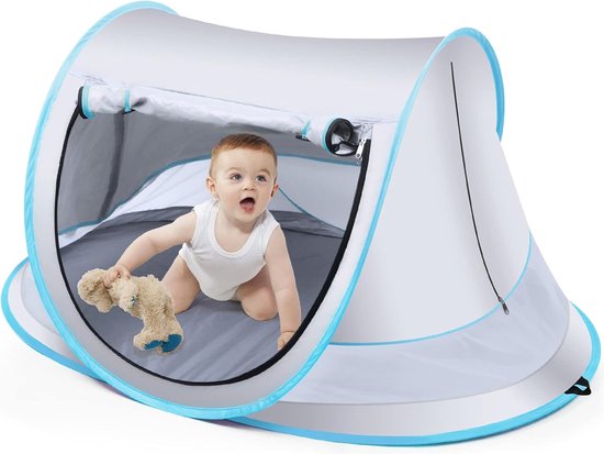 Fuegobird BabyBox Campingbedje - Baby Tentje - UV-beschermingsniveau UV50+ - Blokkeer Muggen - Opvouwbare opslag - Versterking van grondspijkers - Zilver Grijs/Blauw van Fuegobird