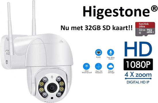 Full HD 1080P | Beveiligingscamera | Surveillancecamera |Met 32GB SD Kaart | Waterdicht | IP66 | Pan/Tilt | 270 Graden Pan | 100 Graden Tilt | Infraroodcamera | Led Verlichting van Merkloos