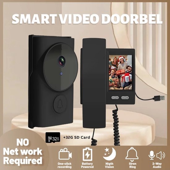 Fytura - Draadloze Video-Deurbel 2,4GHz – 3,5 inch beeldscherm – 2-Weg Audio – Nachtzicht – Inclusief 32GB SD-kaart – EU Stekker - Zwart van Fytura