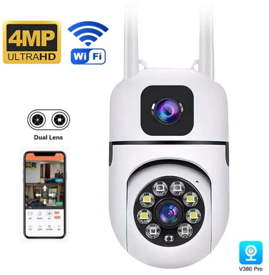 Gabrys® 2 -in- 1 Beveiligingscamera Voor Buiten en Binnen - 360° Draaibare Camera met Nachtzicht - 4MP Dubbele Lens - Bewegingsdetectie & Alarm - WiFi - Tweerichtingsaudio - Camerabewaking - 1 jaar garantie van Merkloos