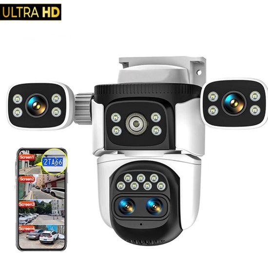 Gabrys® 4-in-1 bewakingscamera - 4K wifi-camera voor huisbeveiliging - met vier lenzen - en vier schermen 361° - 10X optische zoom - CCTV auto Tracking 20MP - Draadloze bewaking camera - inclusief 128GB SD-Kaart en 1 jaar Garantie van Merkloos
