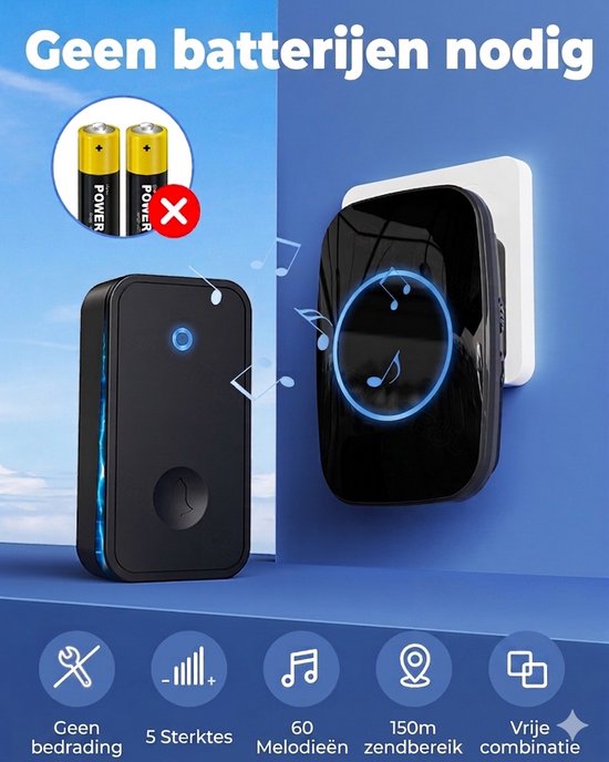 『Geen batterij nodig』Draadloze deurbel met 1 ontvangen - Deurbel draadloos - Zonder batterijen- Draadloos deurbel - Slim Deurbel - Draadloos -Deurbelset - Waterdicht IP44- Zwart- 60 melodieen