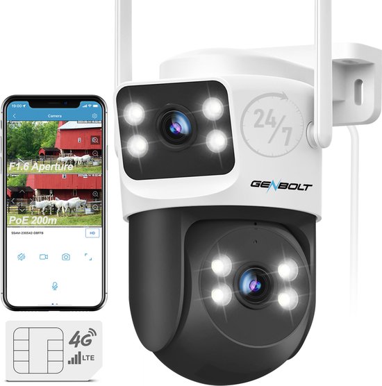GENBOLT 4G Beveiligingscamera buiten met simkaart - Dual Lens & PoE - Geen WiFi nodig - 2K HD & Nachtzicht - IP66 Waterdicht & Bewegingsdetectie - Voor tuin, oprit & buitengebruik van Merkloos