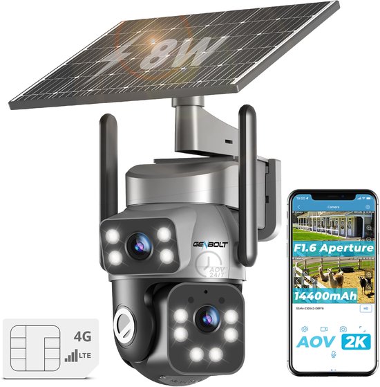 GENBOLT 4G Beveiligingscamera Buiten met Zonnepaneel-3MP Dual Lens-Draadloos-24/7 AOV Opname-14400mAh-IP66