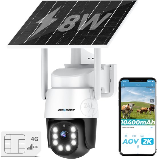 GENBOLT 4G Beveiligingscamera Buiten op Zonne-energie 2K AOV 24/7 Opname Dual Lens PTZ AI Detectie 8W Zonnepaneel IP66