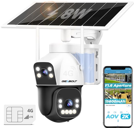 GENBOLT Beveiligingscamera 4G met simkaart - Dual Lens Zonnecamera met AOV - Geen WiFi nodig - 15600mAh accu - Waterdicht voor buitengebruik & boerderij van Merkloos