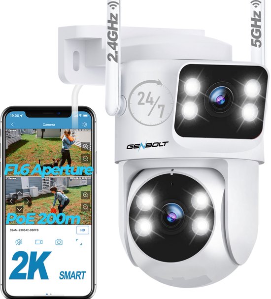 GENBOLT WiFi Beveiligingscamera Buiten 2K Dual Lens POE Kleuren Nachtzicht 24 7 Opname Bewegingsdetectie