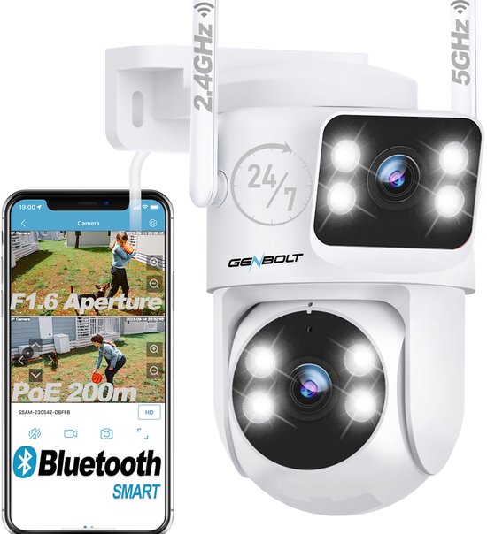 GENBOLT WiFi Beveiligingscamera Buiten - Dual Lens & PoE - 24/7 Opname - 2K Super HD & Nachtzicht - IP66 Waterdicht & Bewegingsdetectie - Bedraad & draadloos - Voor tuin, oprit & buitengebruik van Merkloos
