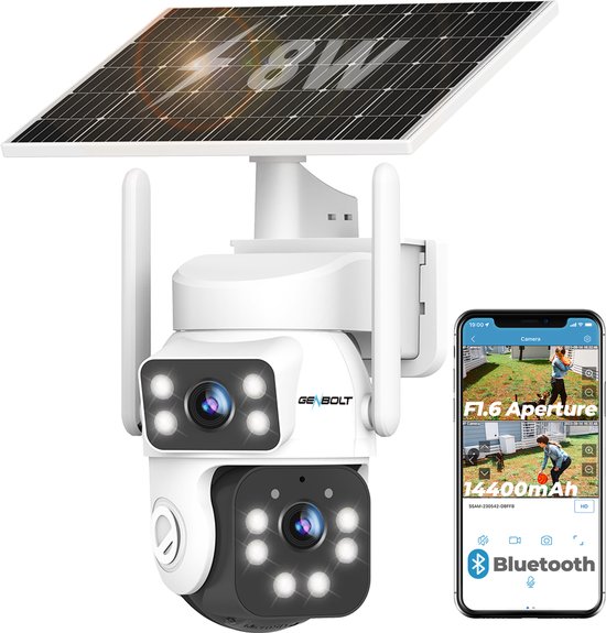 GGENBOLT-Beveiligingscamera Buiten Wifi Solar 2K met Dual Lens PTZ-8W Zonnepaneel-Kleurrijk Nachtzicht 14400mAh IP66