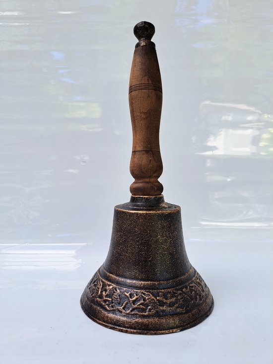 Gietijzeren tafelbel/handbel JP861116 28 cm met hardhouten steel - school bel - receptie gietijzer bel - A CAST IRON SCHOOL BELL