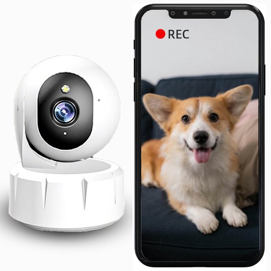 Gloovon® Beveiligingscamera Binnen - Huisdiercamera 3MP met Noodbatterij - 360° Draaibaar - AI Tracking - Nachtzicht - Incl. 64GB SD Kaart