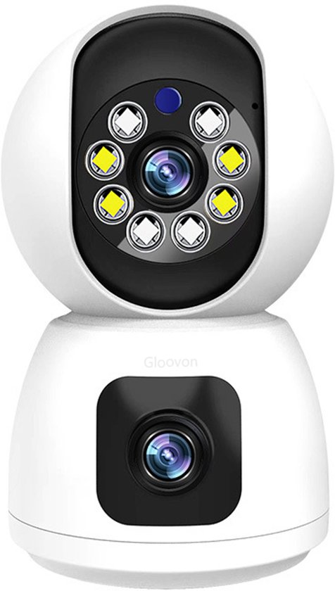 Gloovon® Dual-Lens Beveiligingscamera Binnen - 2MP Full HD - 360° Draaibaar - Kleuren Nachtzicht - AI Persoonsvolging - Inclusief 32GB SD-kaart - Wit