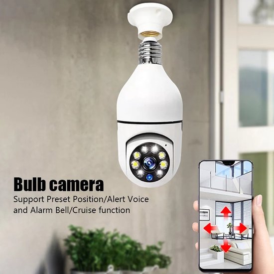 Glowhub- IP Camera Lamp E27 Fitting - Indoor Spy Cam - Verborgen Bewakingscamera - Beveiligingscamera Binnen & Buiten - Huisdier Hondencamera - WiFi Draadloos - Nachtvisie - Bewegingssensor & Geluidsdetectie - Opslag in Cloud & App - 360℃ Panorama van Glowhub