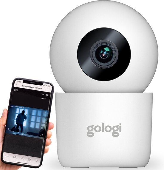 Gologi Beveiligingscamera Binnen - Smart Indoor Camera - Draadloze verbinding (WIFI) - 180° Draaibaar - Nightvision - Bewegingssensor - Blaf en Huil Detectie - Babyfoon - Huisdiercamera met App - Wit van Gologi