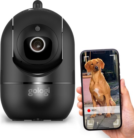 Gologi Huisdiercamera met App - Hondencamera - Pet camera - Beveiligingscamera Binnen - Security camera - Voor alle huisdieren - Met wifi - Zwart van Gologi