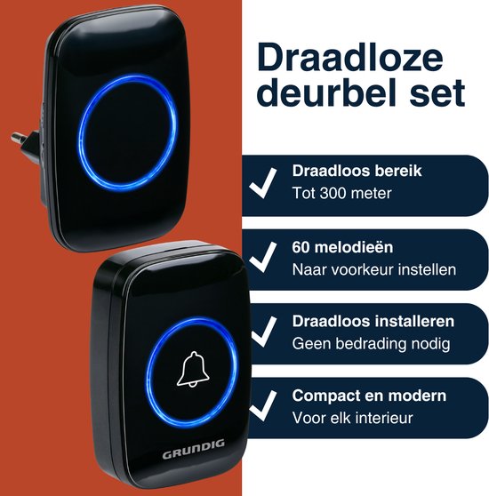 Grundig Draadloze Deurbel Set - Deurbel Draadloos 300 Meter Bereik - Draadloze Beldrukker met LED Licht en 60 Melodieën - Plug-In Ontvanger - Inclusief Batterij - Zwart