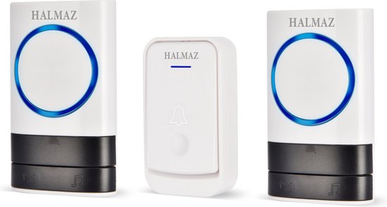HALMAZ Draadloze deurbel – Wit - Led verlichting - IP44 Waterdicht – 52 Melodieën – Bereik 200 meter – 2 ontvangers
