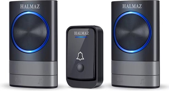 HALMAZ Draadloze deurbel – Zwart – Led verlichting - IP44 Waterdicht – 52 Melodieën – Bereik 200 meter – 2 ontvangers