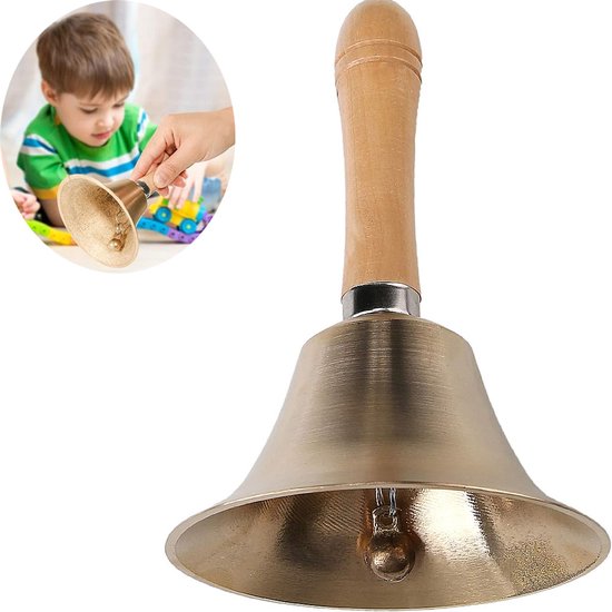 Handbel - Metaal - Schoolbel- handheld Klassiek -Goud Gongen - 8cm-Houten Handvat-Hard Geluid-Geschikt voor Hotel UiteService,Meditatie,Gebed- Geschikt voor Kerstmis