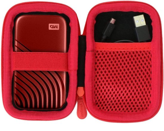 Harde opbergcase voor draagbare SSD's, geschikt voor WD My Passport, met stevige bescherming en stijlvolle rode afwerking