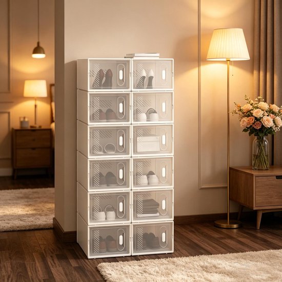 HAUSS SPOLE Schoenenopbergkast - Stapelbare Transparante Opbergbox Met Voorklep - Voor Slaapkamer Badkamer En Hal - Kunststof - 50x35,5x111,5 Cm - Wit van hauss-spole