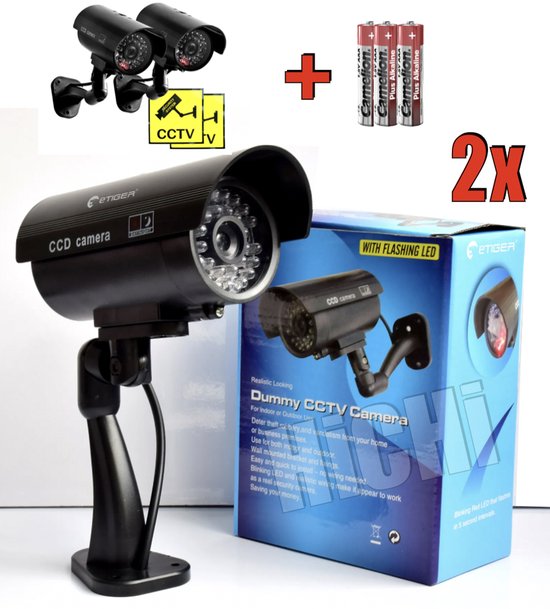 HiCHiCO® CCD Dummy Camera Fake camera - Beveiligingscamera met rood knipperend led indicator voor binnen en buiten 2STUKS van Merkloos